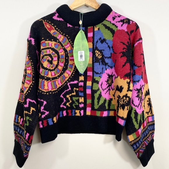 NWT! FARM RIO Mixed Scarves Black Sweater M - Picture 4 of 16